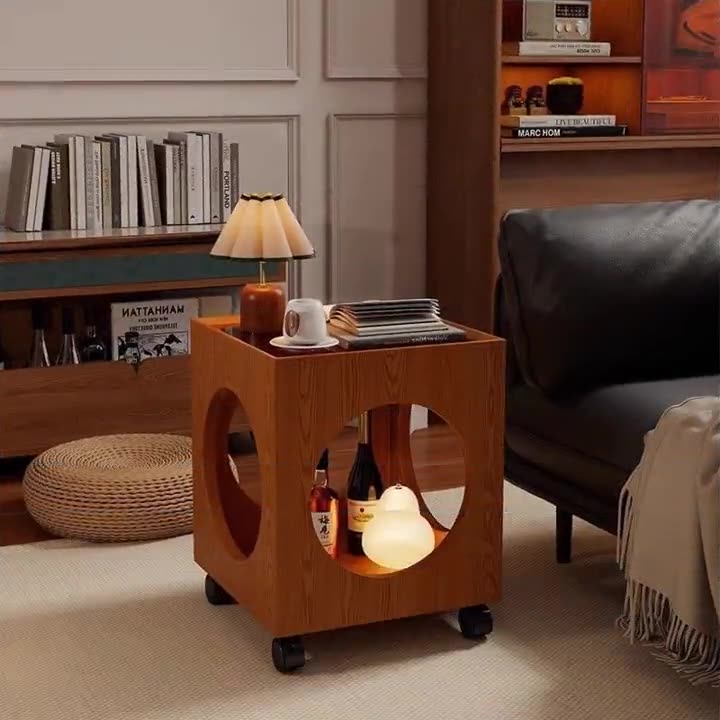 Contemporary Creative Tempered Glass Solid Wood Hollow Square End Table With 2-Tiers For Living Room