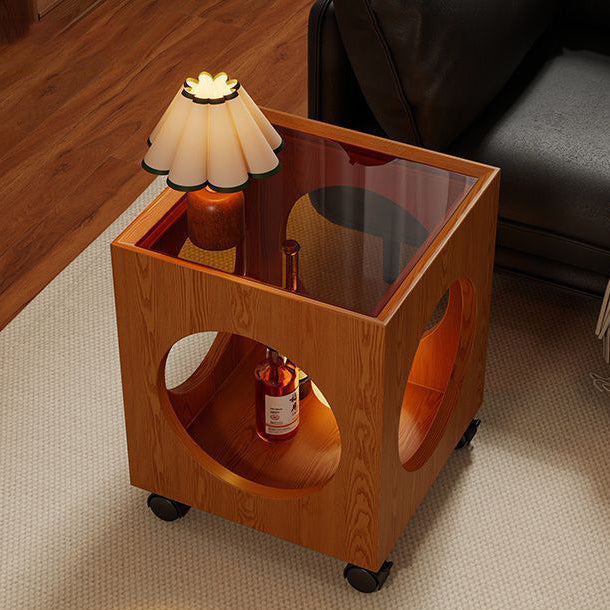 Contemporary Creative Tempered Glass Solid Wood Hollow Square End Table With 2-Tiers For Living Room