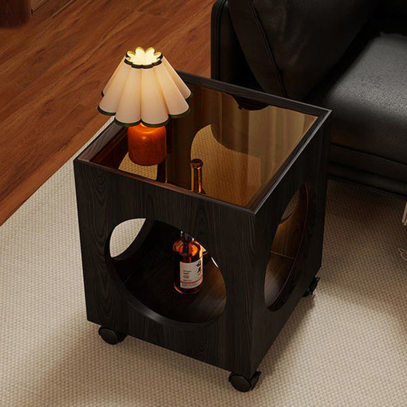 Contemporary Creative Tempered Glass Solid Wood Hollow Square End Table With 2-Tiers For Living Room