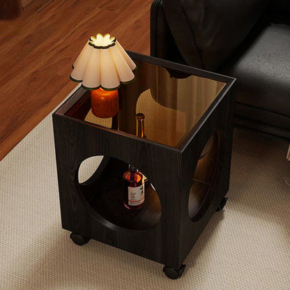Contemporary Creative Tempered Glass Solid Wood Hollow Square End Table With 2-Tiers For Living Room