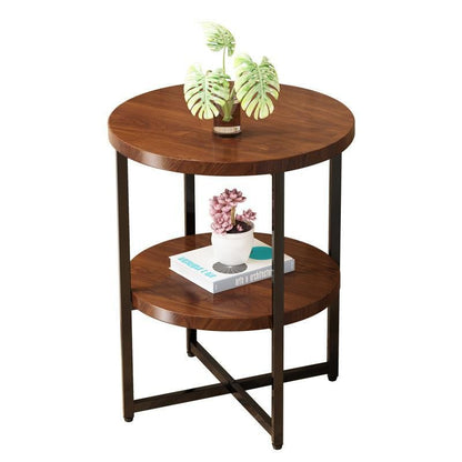 Traditional Vintage Solid Wood Metal Round Cross-Leg End Table With 2-Tier For Living Room