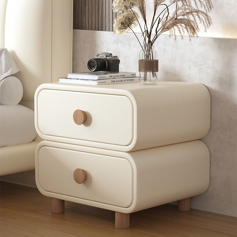 Modern Minimalist Faux Leather Solid Wood Rounded Nightstand With 2-Drawers For Bedroom