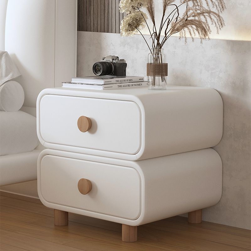 Modern Minimalist Faux Leather Solid Wood Rounded Nightstand With 2-Drawers For Bedroom