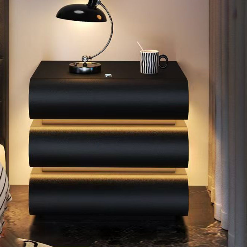 Modern Luxury Faux Leather Solid Wood Metal Curved Nightstand With 3 Drawers For Bedroom