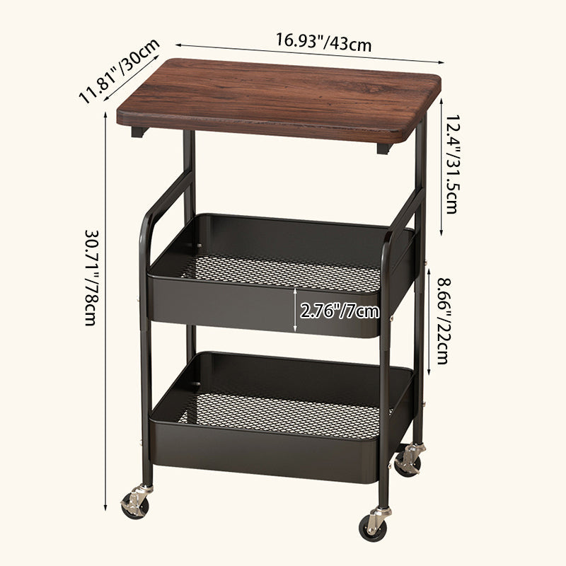 Modern Minimalist Wood Metal Rectangular Mobile Side Table With 3-Tier For Living Room