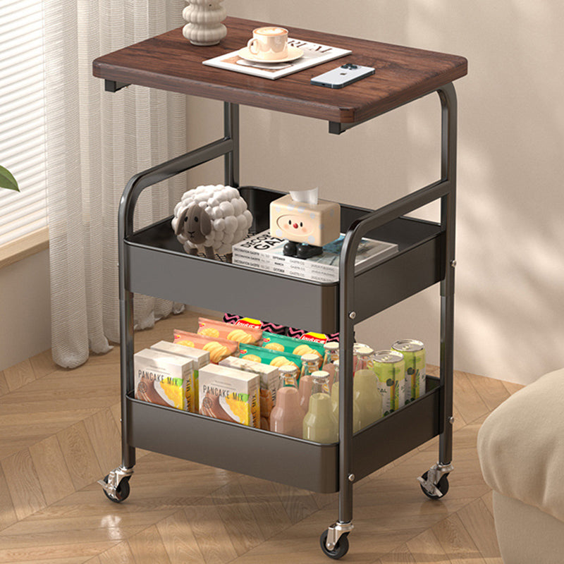 Modern Minimalist Wood Metal Rectangular Mobile Side Table With 3-Tier For Living Room