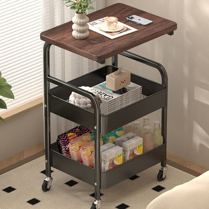 Modern Minimalist Wood Metal Rectangular Mobile Side Table With 3-Tier For Living Room