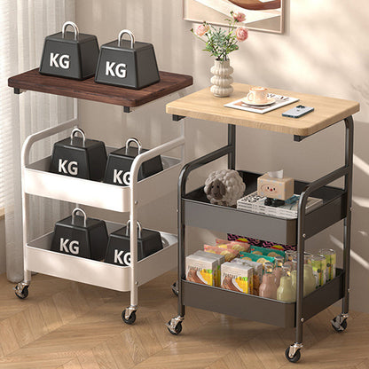 Modern Minimalist Wood Metal Rectangular Mobile Side Table With 3-Tier For Living Room