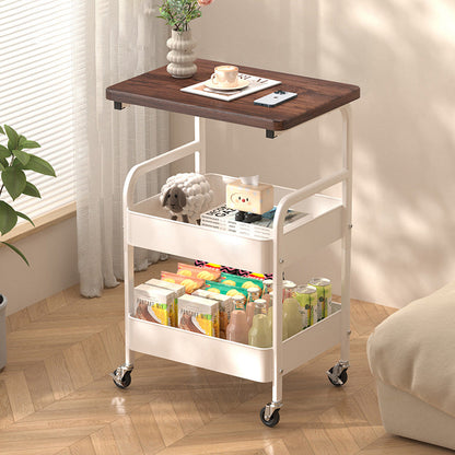 Modern Minimalist Wood Metal Rectangular Mobile Side Table With 3-Tier For Living Room