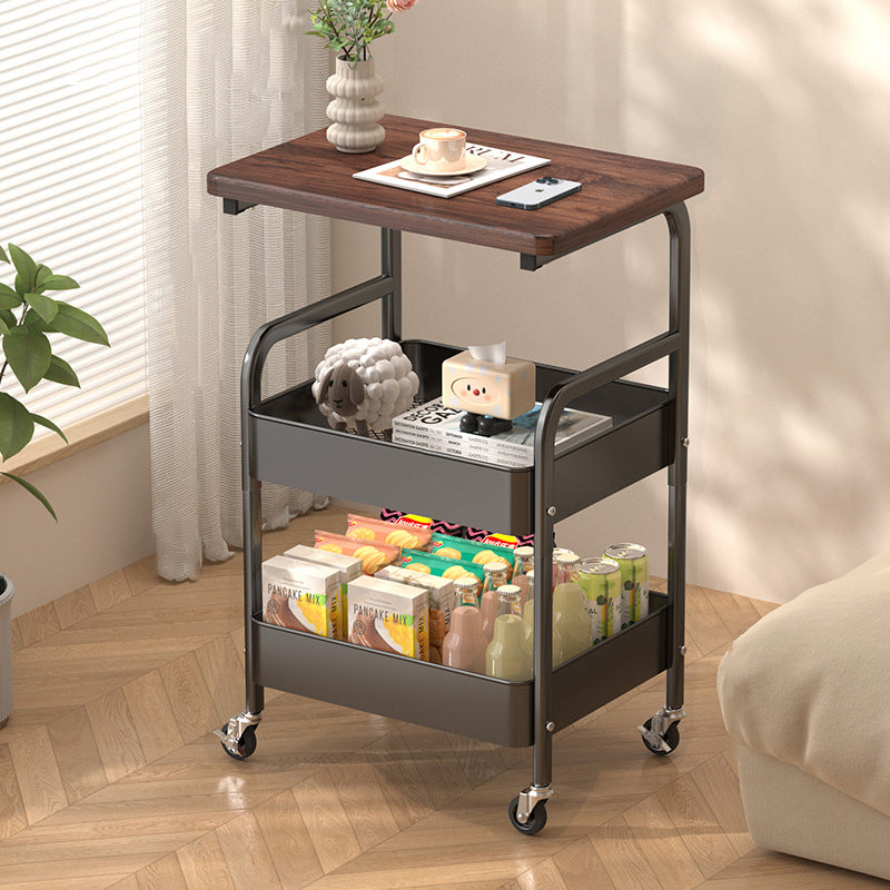 Modern Minimalist Wood Metal Rectangular Mobile Side Table With 3-Tier For Living Room
