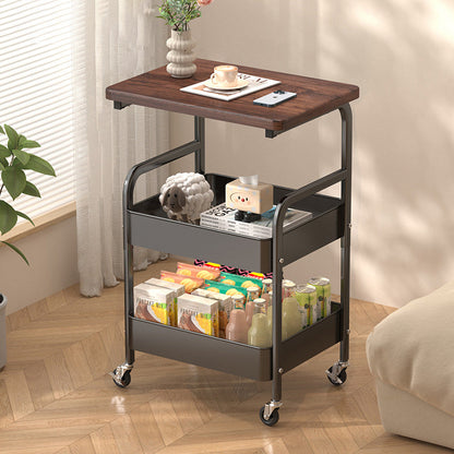 Modern Minimalist Wood Metal Rectangular Mobile Side Table With 3-Tier For Living Room