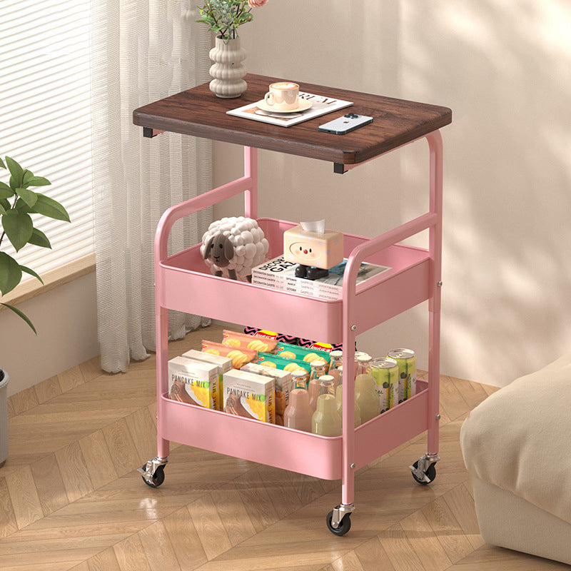 Modern Minimalist Wood Metal Rectangular Mobile Side Table With 3-Tier For Living Room