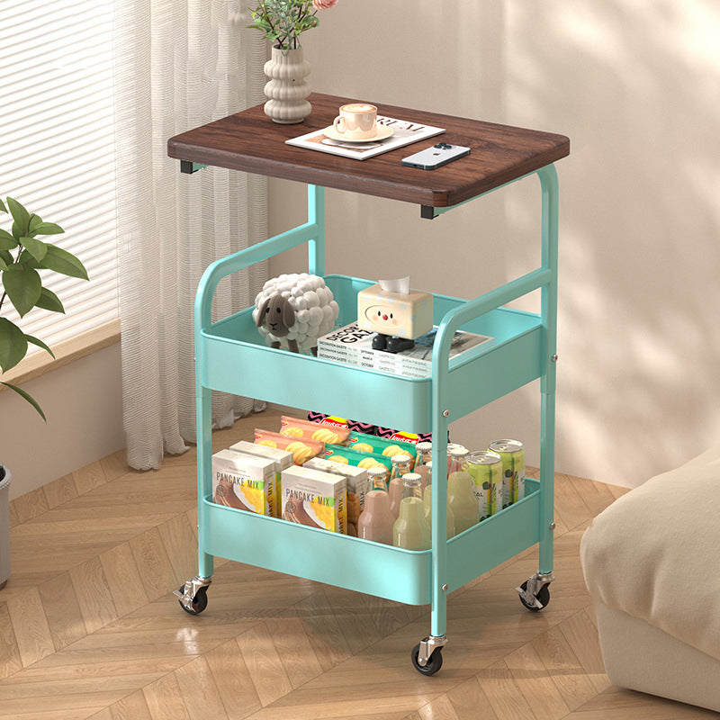 Modern Minimalist Wood Metal Rectangular Mobile Side Table With 3-Tier For Living Room