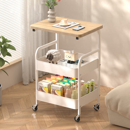 Modern Minimalist Wood Metal Rectangular Mobile Side Table With 3-Tier For Living Room