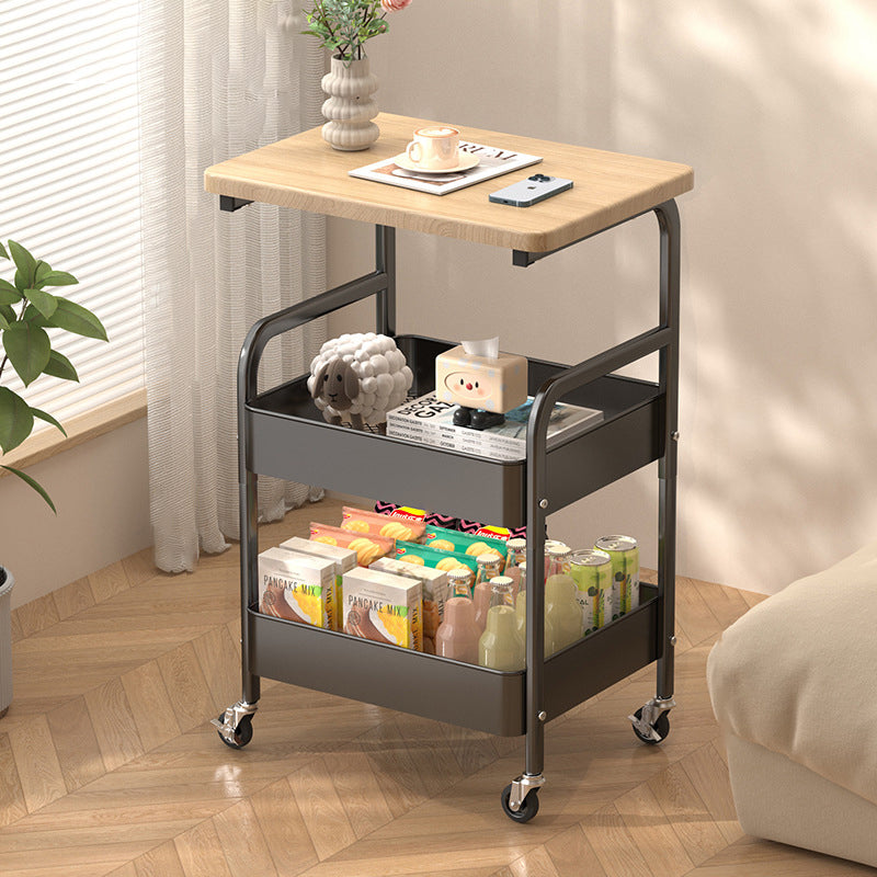 Modern Minimalist Wood Metal Rectangular Mobile Side Table With 3-Tier For Living Room