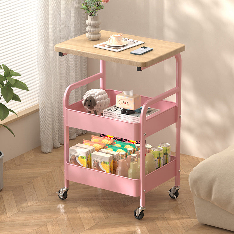 Modern Minimalist Wood Metal Rectangular Mobile Side Table With 3-Tier For Living Room