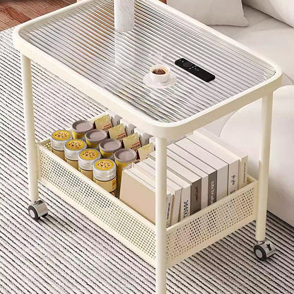 Modern Minimalist Glass Stainless Steel Mobile Rectangular Side Table 2-Tier For Living Room