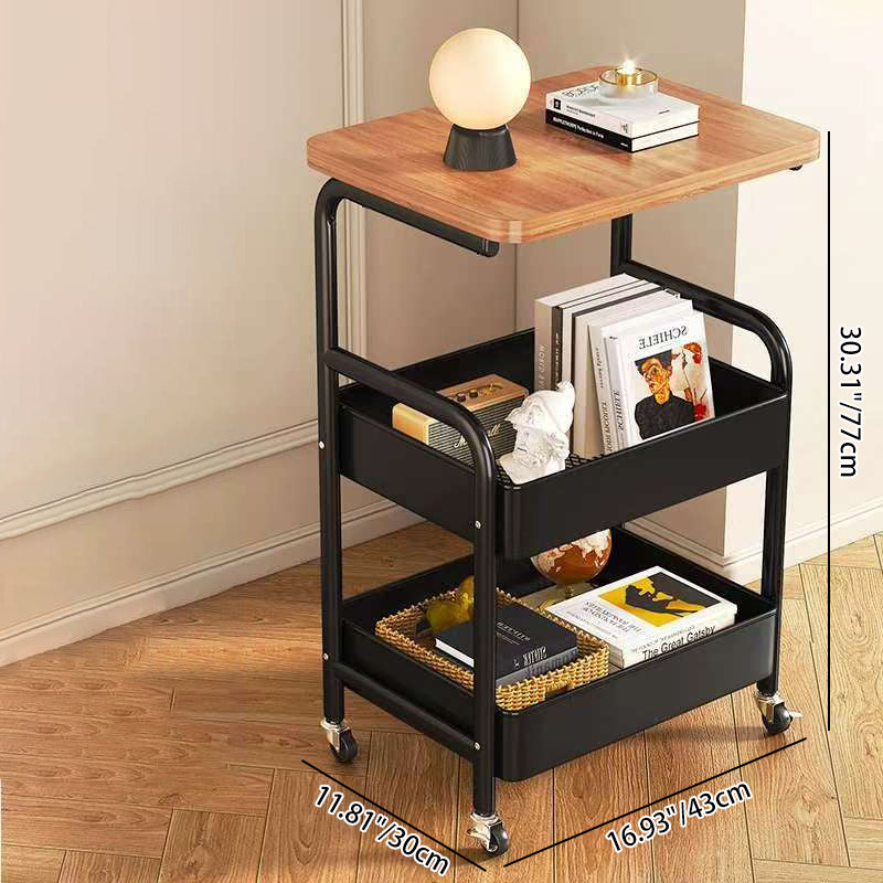 Modern Minimalist Iron Wood Mobile Basket Shelf Rack 3-Tier Side Table For Living Room