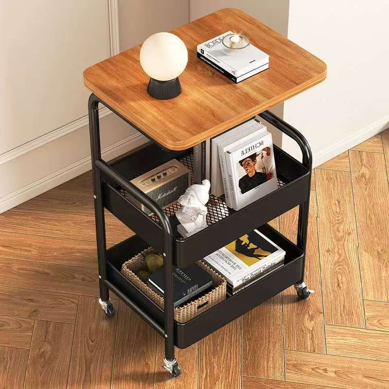 Modern Minimalist Iron Wood Mobile Basket Shelf Rack 3-Tier Side Table For Living Room