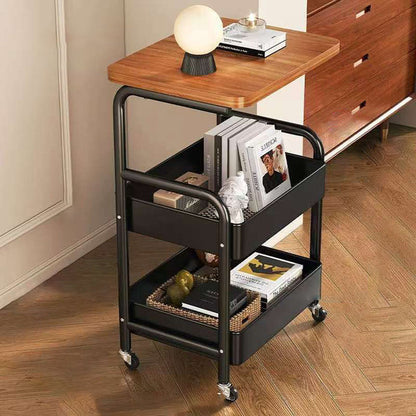 Modern Minimalist Iron Wood Mobile Basket Shelf Rack 3-Tier Side Table For Living Room