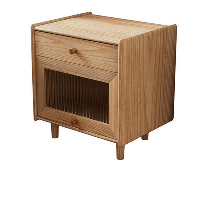 Traditional Japanese Solid Wood Glass Brass Textured Square Nightstand 2-Drawer For Bedroom