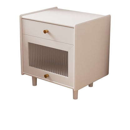 Traditional Japanese Solid Wood Glass Brass Textured Square Nightstand 2-Drawer For Bedroom