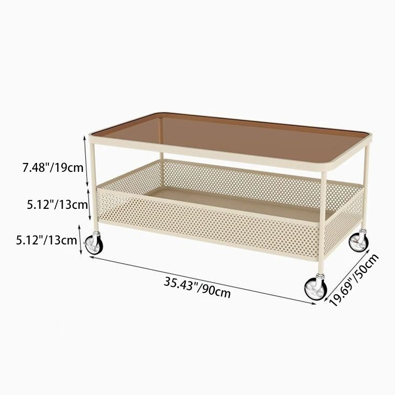 Modern Minimalist Tempered Glass Metal Rectangular Mobile End Table 2-Tier For Living Room