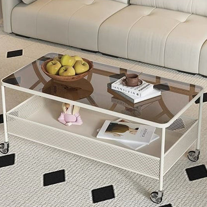 Modern Minimalist Tempered Glass Metal Rectangular Mobile End Table 2-Tier For Living Room