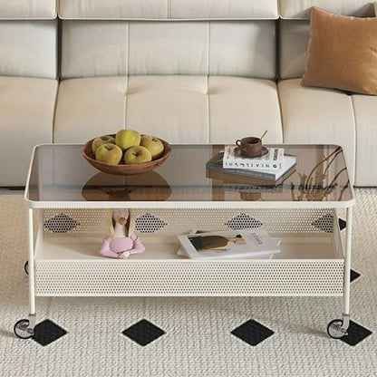 Modern Minimalist Tempered Glass Metal Rectangular Mobile End Table 2-Tier For Living Room