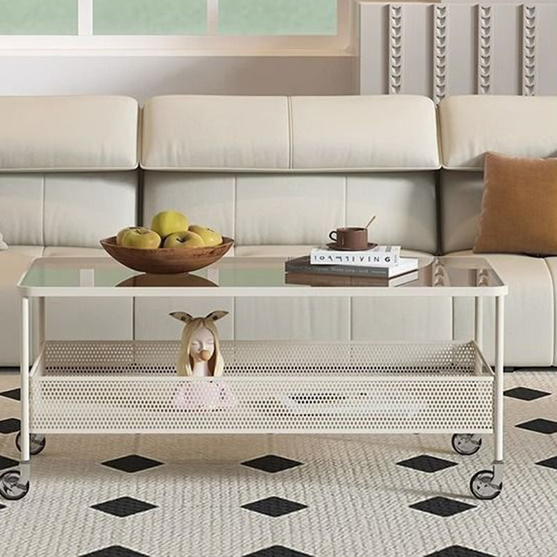Modern Minimalist Tempered Glass Metal Rectangular Mobile End Table 2-Tier For Living Room