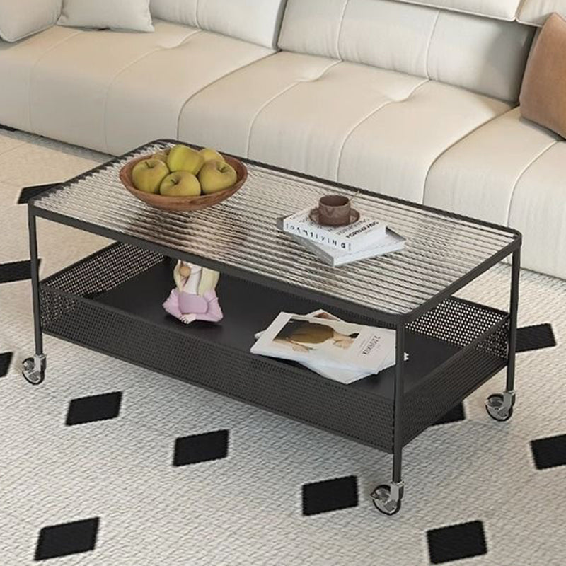 Modern Minimalist Tempered Glass Metal Rectangular Mobile End Table 2-Tier For Living Room