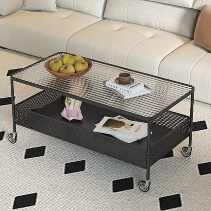 Modern Minimalist Tempered Glass Metal Rectangular Mobile End Table 2-Tier For Living Room
