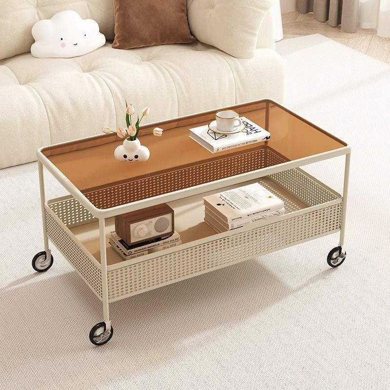 Modern Minimalist Tempered Glass Metal Rectangular Mobile End Table 2-Tier For Living Room