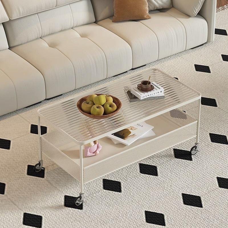 Modern Minimalist Tempered Glass Metal Rectangular Mobile End Table 2-Tier For Living Room