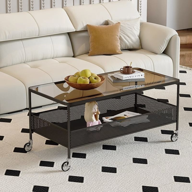 Modern Minimalist Tempered Glass Metal Rectangular Mobile End Table 2-Tier For Living Room