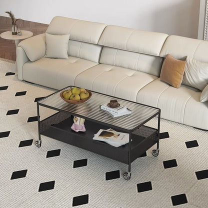 Modern Minimalist Tempered Glass Metal Rectangular Mobile End Table 2-Tier For Living Room
