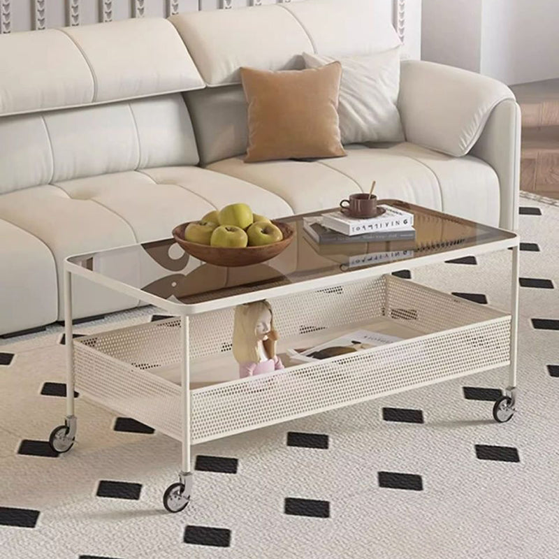 Modern Minimalist Tempered Glass Metal Rectangular Mobile End Table 2-Tier For Living Room