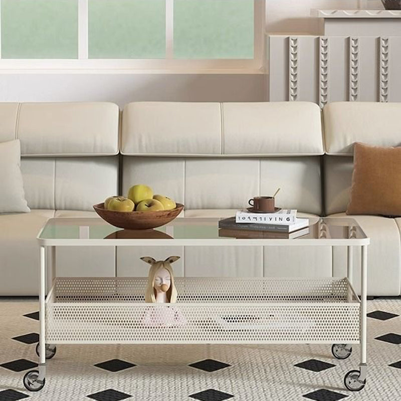 Modern Minimalist Tempered Glass Metal Rectangular Mobile End Table 2-Tier For Living Room