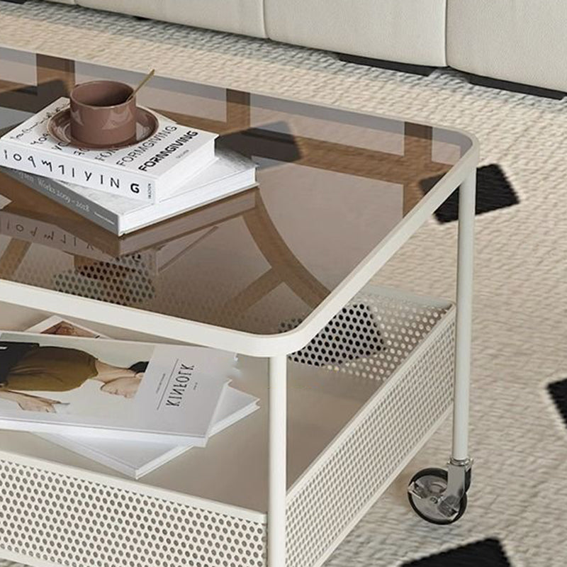 Modern Minimalist Tempered Glass Metal Rectangular Mobile End Table 2-Tier For Living Room