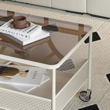 Modern Minimalist Tempered Glass Metal Rectangular Mobile End Table 2-Tier For Living Room