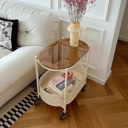 Modern Minimalist Tempered Glass Metal Oval Mobile End Table 2-Tier For Living Room