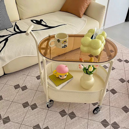 Modern Minimalist Tempered Glass Metal Oval Mobile End Table 2-Tier For Living Room