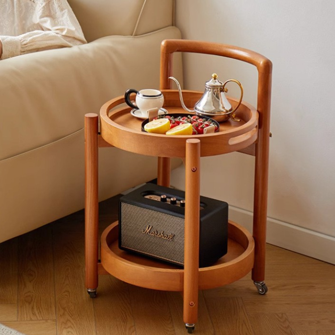 Traditional Vintage Solid Wood Curved Round Cylinder End Table With 2-Tier For Living Room