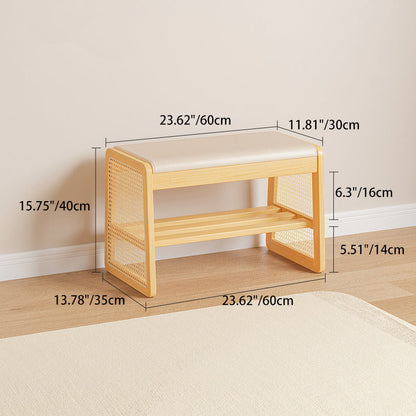 Traditional Vintage PU Leather Solid Wood Trapezoid Footstool Bench With 1 Shelf For Living Room