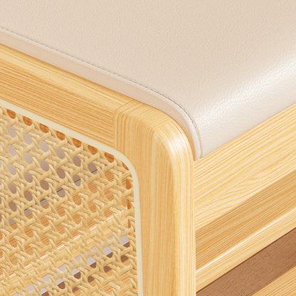 Traditional Vintage PU Leather Solid Wood Trapezoid Footstool Bench With 1 Shelf For Living Room