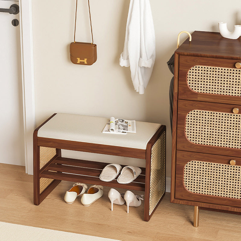 Traditional Vintage PU Leather Solid Wood Trapezoid Footstool Bench With 1 Shelf For Living Room