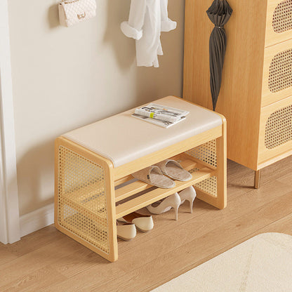 Traditional Vintage PU Leather Solid Wood Trapezoid Footstool Bench With 1 Shelf For Living Room