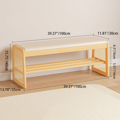 Traditional Vintage PU Leather Solid Wood Trapezoid Footstool Bench With 1 Shelf For Living Room