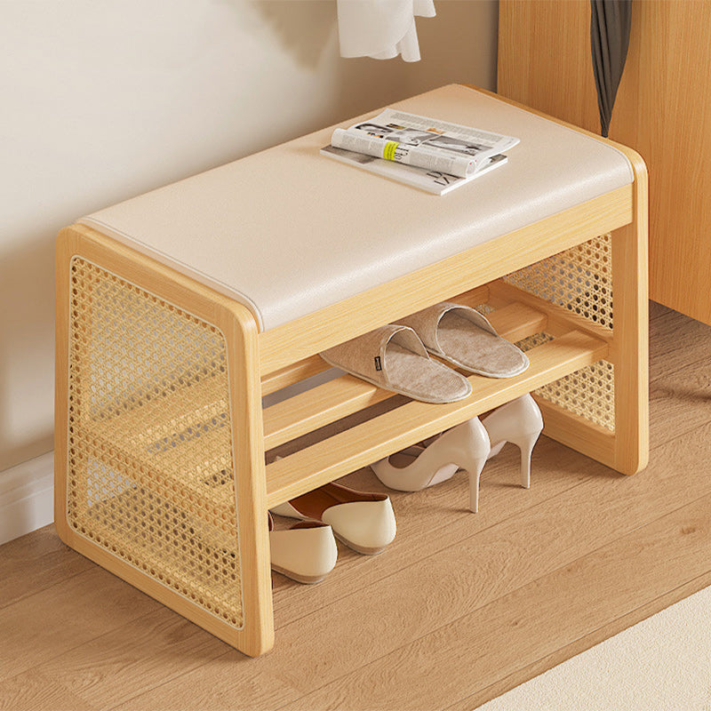 Traditional Vintage PU Leather Solid Wood Trapezoid Footstool Bench With 1 Shelf For Living Room