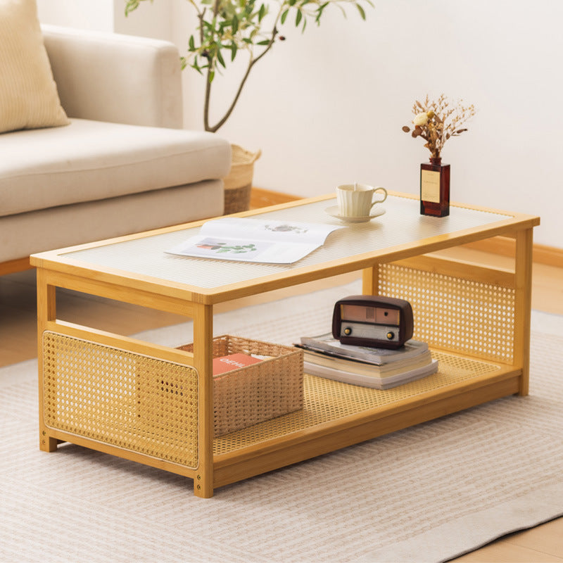Traditional Japanese Glass Bamboo Rattan Metal Rectangular Hollow Coffee Table With 2-Tier For Living Room